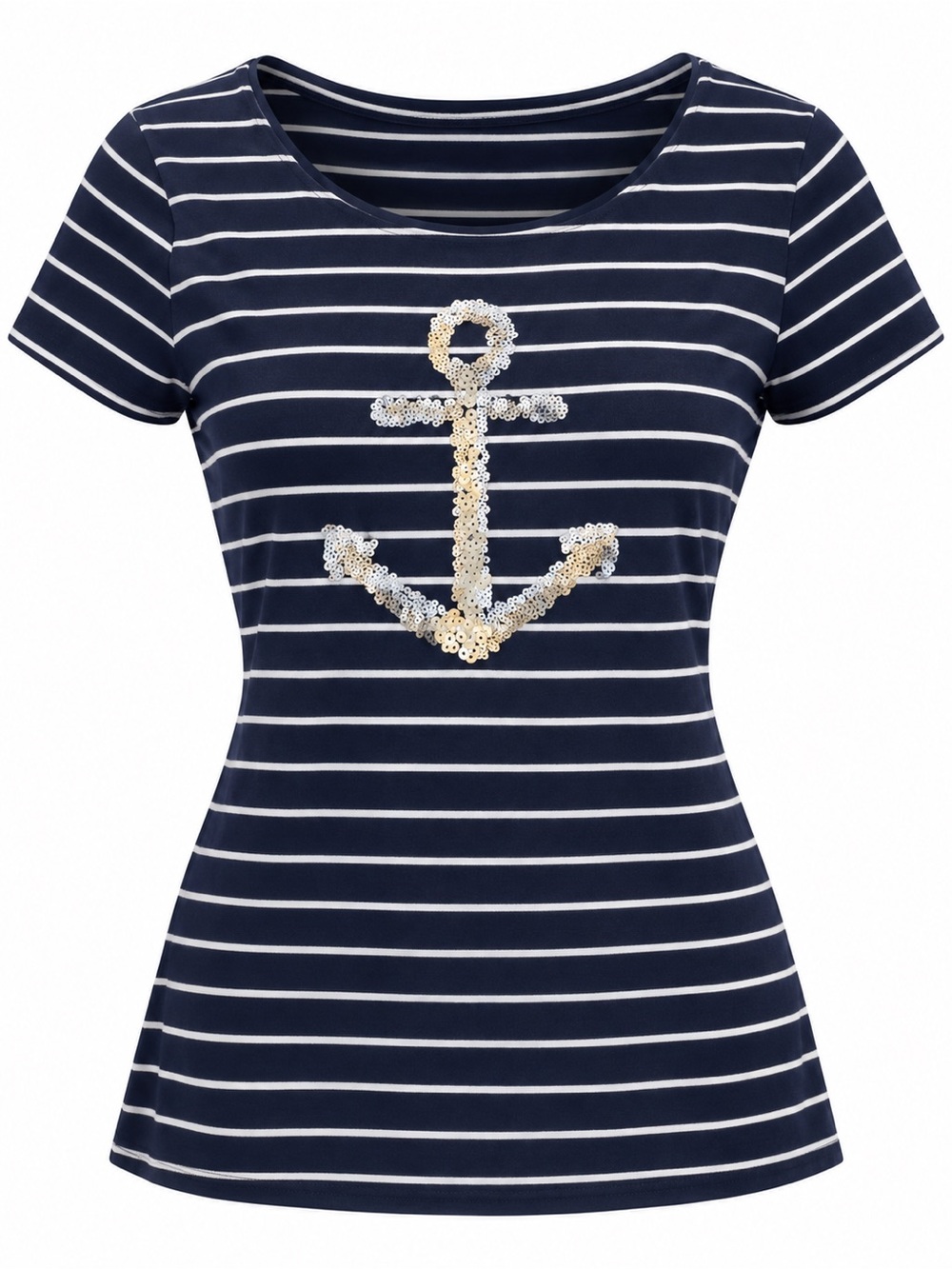 Croft & Barrow Size M Navy Striped Anchor Sequin Cotton Top